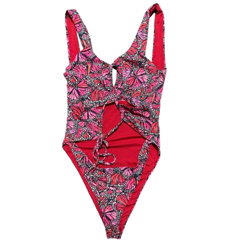 Toluca Swim Womens Pink Red Butterfly Print One Piece Swimsuit Cutout Front Sz M
